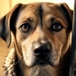 **A cozy animal shelter scene:** Focus on the eyes of a sad, homeless dog looking directly at the viewer. Soft, warm lighting. Emphasis on empathy and connection.