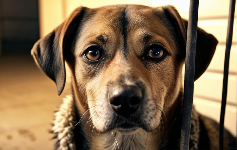 **A cozy animal shelter scene:** Focus on the eyes of a sad, homeless dog looking directly at the viewer. Soft, warm lighting. Emphasis on empathy and connection.